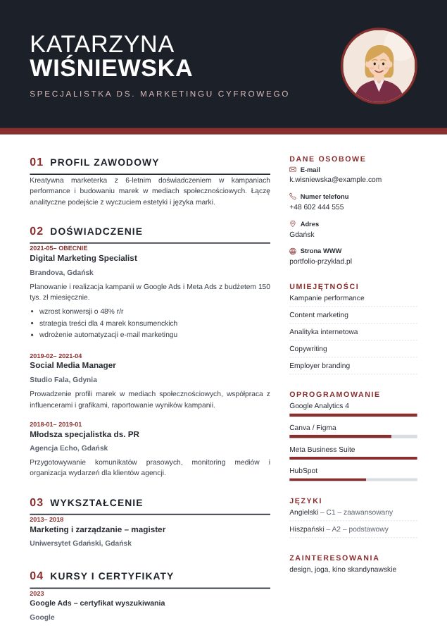 Wzór CV „Wyrazisty” Szablon CV Wyrazisty – przykładowe CV wypełnione w kreatorze