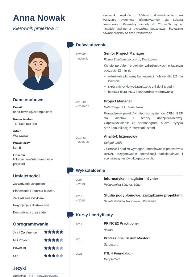 Szablon CV Klasyczny – przykładowe CV wypełnione w kreatorze