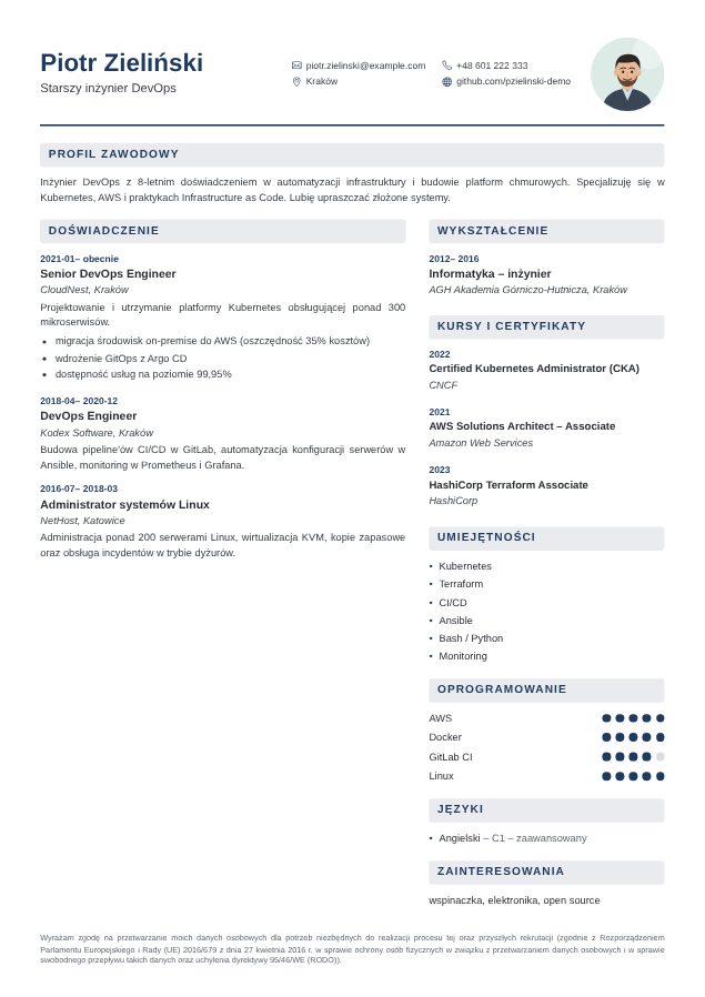 Szablon CV Kompaktowy – przykładowe CV wypełnione w kreatorze