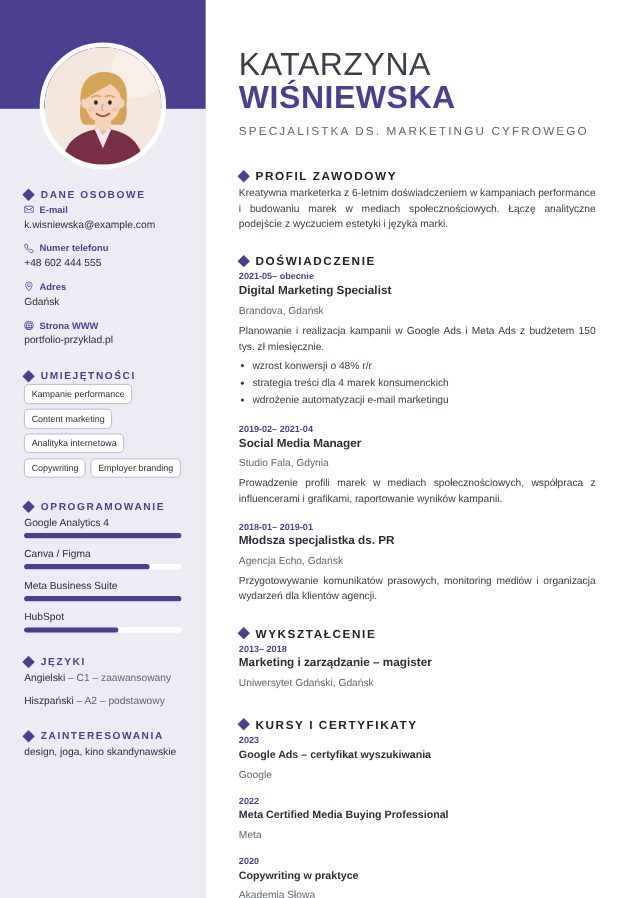 Szablon CV Kreatywny – przykładowe CV wypełnione w kreatorze