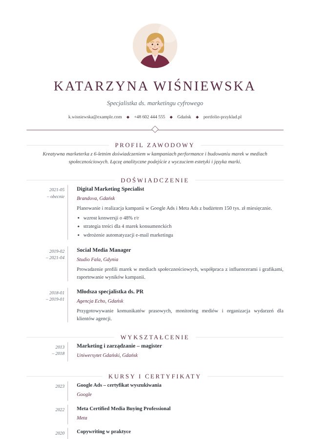 Szablon CV Elegancki – przykładowe CV wypełnione w kreatorze