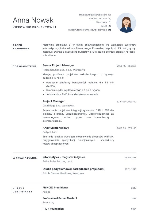 Szablon CV Minimalistyczny – przykładowe CV wypełnione w kreatorze