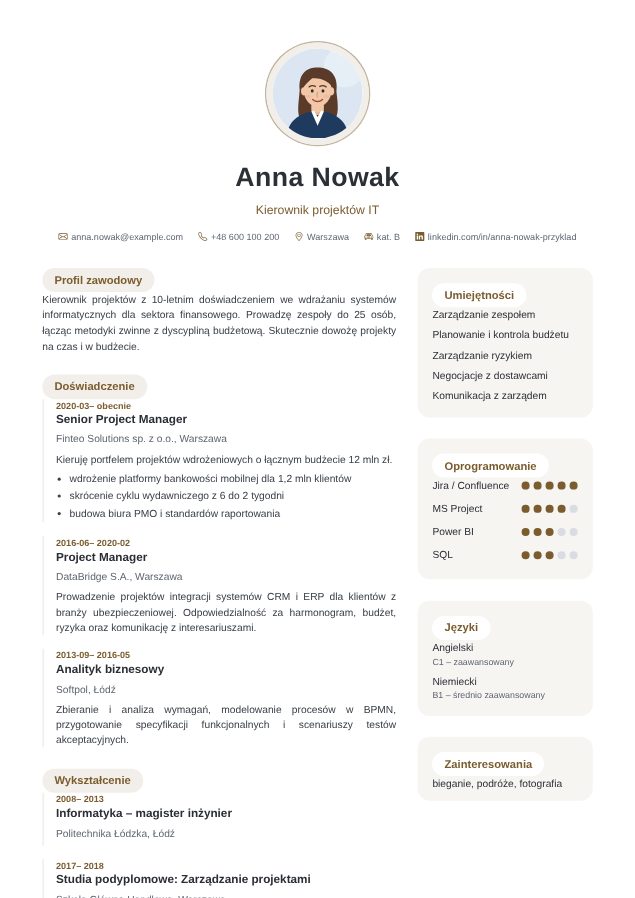 Wzór CV „Subtelny” Szablon CV Subtelny – przykładowe CV wypełnione w kreatorze